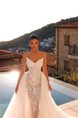 Off the Shoulder Wedding Dress Mermaid Lace Appliques Bridal Dress with Panel Train