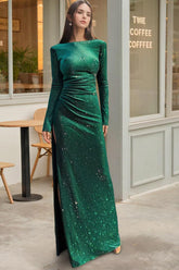 Off-the-shoulder Floor-length Sequined Mother of the Bride Gown with Long Sleeves