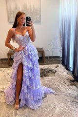 Off the shoulder Prom Dress A Line Tiered Elegant Evening Dress with Split