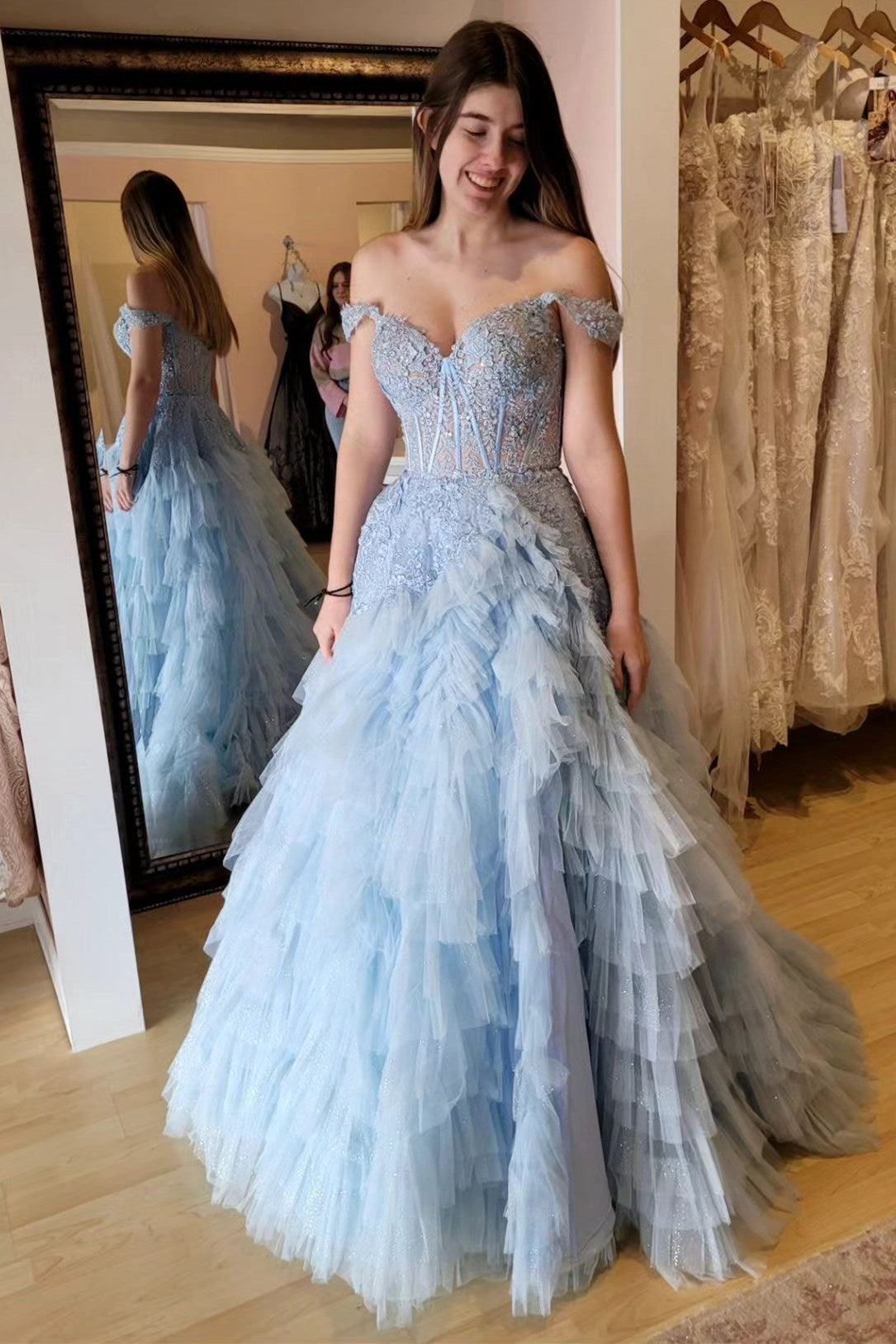 Off the shoulder Prom Dress Ruffle Tiered Long Light Blue Evening Dress