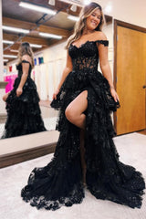 A Line Sweetheart Neck Tulle Sequin Black Prom Dress Long Formal Evening Dress