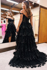 A Line Sweetheart Neck Tulle Sequin Black Prom Dress Long Formal Evening Dress