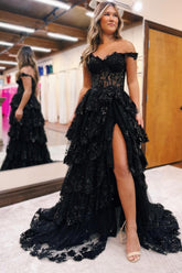 Off the shoulder Prom Dress Tulle Appliques Long Evening Dress