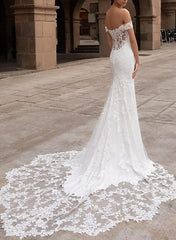 Off the shoulder Satin Lace Chapel Train Wedding Dress With Lace Trumpet/Mermaid