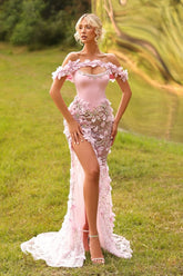 Off the Shouder Prom Dress Satin Tulle Mermaid 3D Flowers Formal Dress with Slit