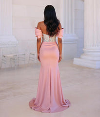 Off the Shoulder Beaded Prom Dresses Mermaid Evening Formal Dresses with Panel Train