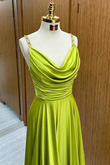 Olive Green Prom Dress Cowl Neck Chain Strap A Line Long Evening Dress