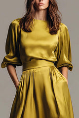 Dressystars Olive Satin A-Line Long Evening Dress With Sleeves