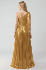 Dressystars One Shoulder A-Line Golden Metallic Pleated Formal Dress