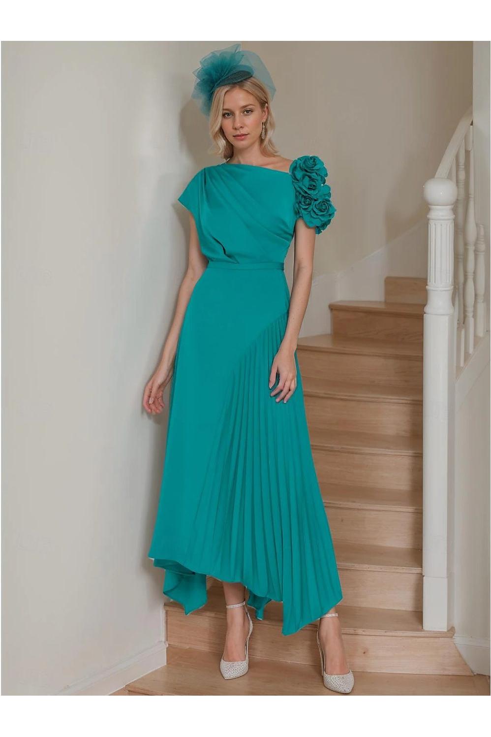 One-Shoulder A-Line Princess Dress with Short Sleeves and Ruffles Ankle-Length for the Mother of the Bride