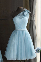 One Shoulder Blue Homecoming Dresses Cocktail Dresses With Bowknot