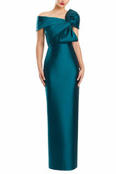 One-Shoulder Floor-Length Mother of the Bride Gown with Bow in Sheath/Column Style