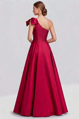 Dressystars One Shoulder Fuchsia Wedding Guest Dress A Line Satin Long Formal Dress Bow