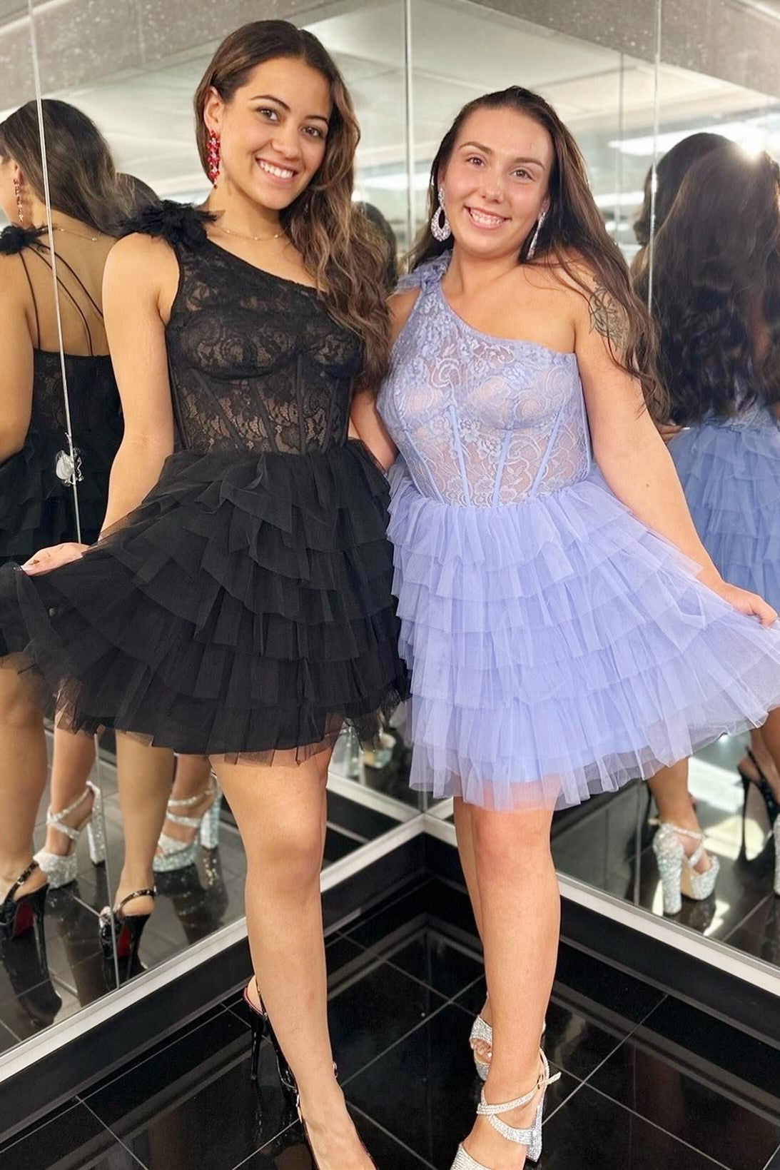 One Shoulder Homecoming Dress Black Lace Ruffle Tiered Short Party Cocktail Dress