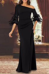 One-Shoulder Long-Sleeve Chiffon Trumpet/Mermaid Mother of the Bride Dress with Feathers