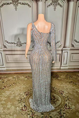 One Shoulder Long Sleeve Formal Dress Silver Mermaid Beaded Evening Dress with Slit