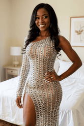 One Shoulder Long Sleeve Formal Dress Silver Mermaid Beaded Evening Dress with Slit