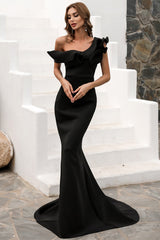 One Shoulder Mermaid Black Prom Dress Evening Dress