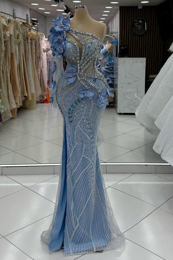 One Shoulder Mermaid Prom Dress Blue Beaded Formal Dress with 3D Flowers