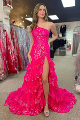 One Shoulder Mermaid Prom Dress Sequined Formal Dress Tiered Tulle Evening Dress