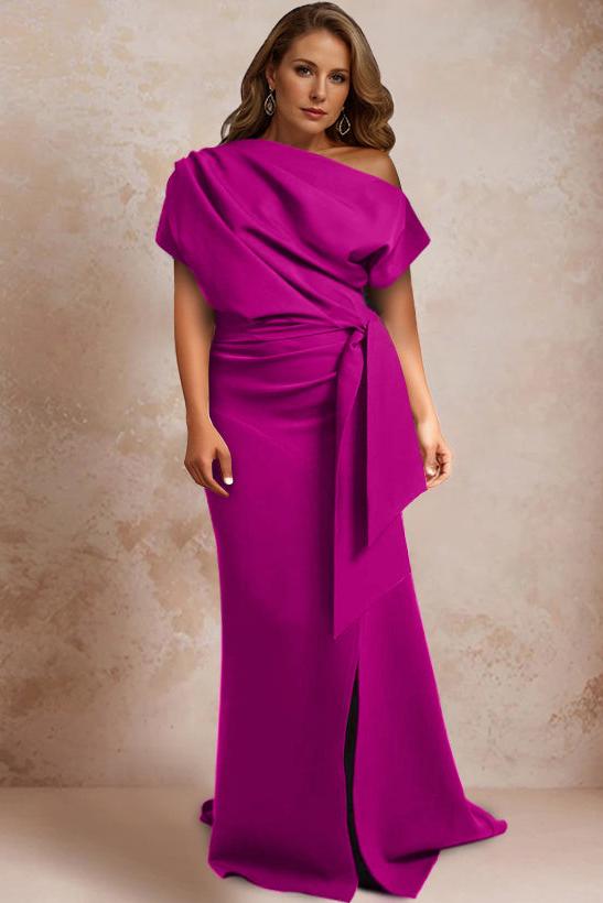 One-Shoulder Mermaid Trumpet Gown with Ruffles and Side Split for Plus-Size Mothers of the Bride