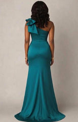 Dressystars One Shoulder Peacock Satin Long Formal Dress With Bowknot