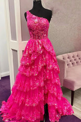 One Shoulder Prom Dress A Line Tiered Formal Dress Sequined Tulle Lace Evening Dress