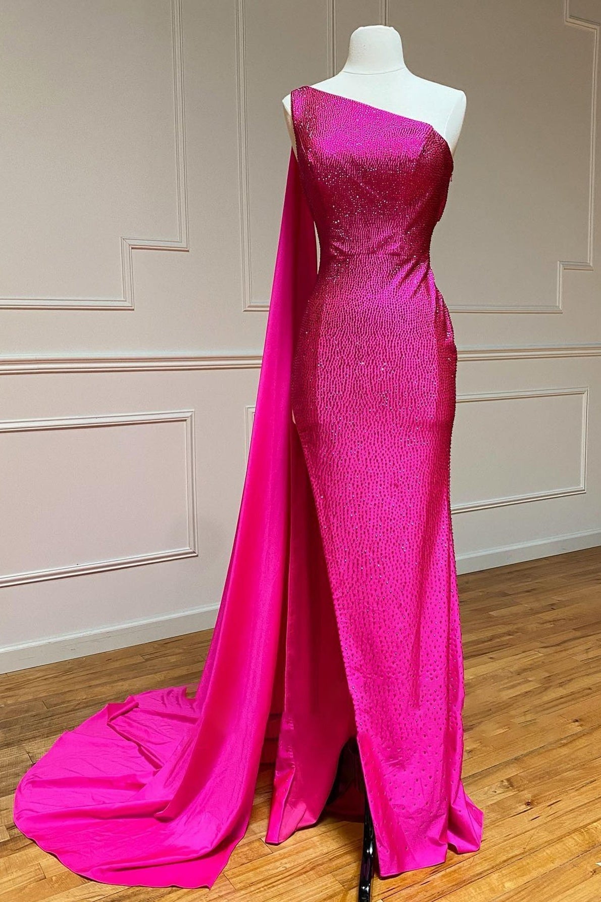 One Shoulder Prom Dress Glitter Mermaid Pink Long Evening Dress