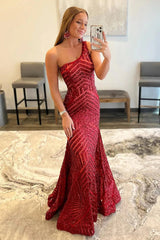 One Shoulder Prom Dress Sequined Mermaid Evening Dress Ivory and Pink