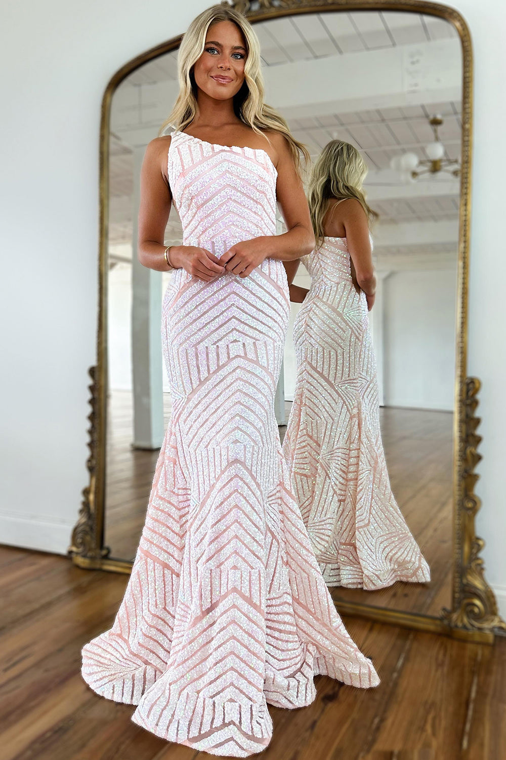 One Shoulder Prom Dress Sequined Mermaid Evening Dress Ivory and Pink