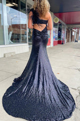 One Shoulder Prom Dress Shiny Black Mermaid Evening Dress