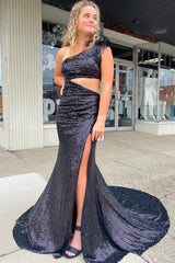 One Shoulder Prom Dress Shiny Black Mermaid Evening Dress