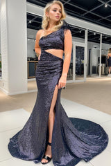 One Shoulder Prom Dress Shiny Black Mermaid Evening Dress