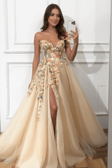 One Shoulder Prom Dress Tulle A Line Slit Evening Dress With Flowers