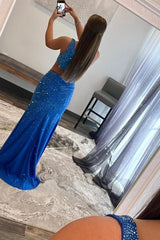 One Shoulder Royal Blue Prom Dress Elegant Evening Dress with Split
