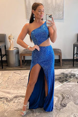 One Shoulder Royal Blue Prom Dress Elegant Evening Dress with Split