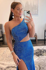 One Shoulder Royal Blue Prom Dress Elegant Evening Dress with Split