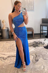 One Shoulder Royal Blue Prom Dress Elegant Evening Dress with Split