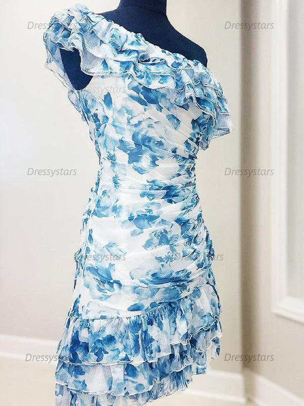 Dressystars One Shoulder Ruffled Ruched Empire Floral Homecoming Dress