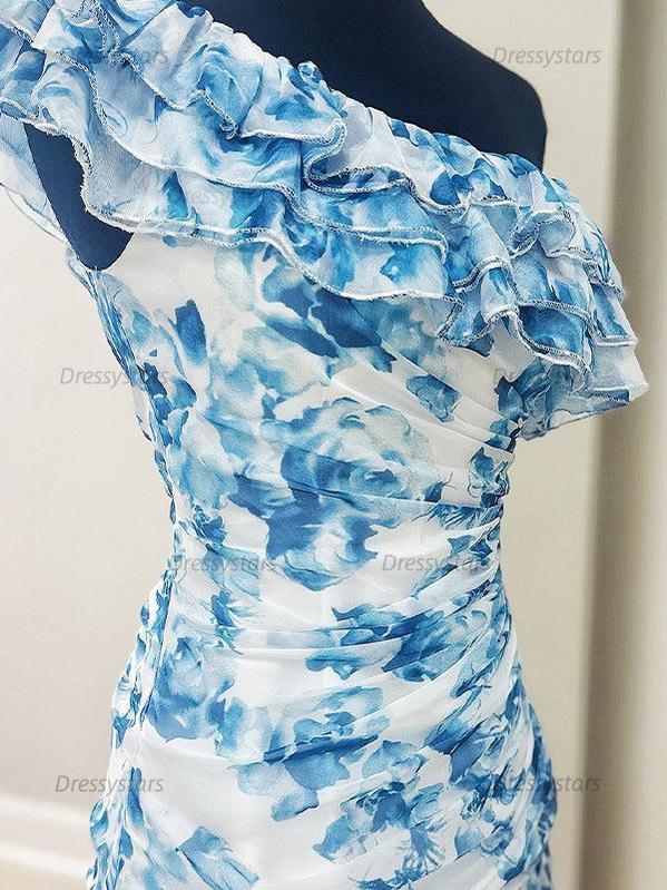Dressystars One Shoulder Ruffled Ruched Empire Floral Homecoming Dress