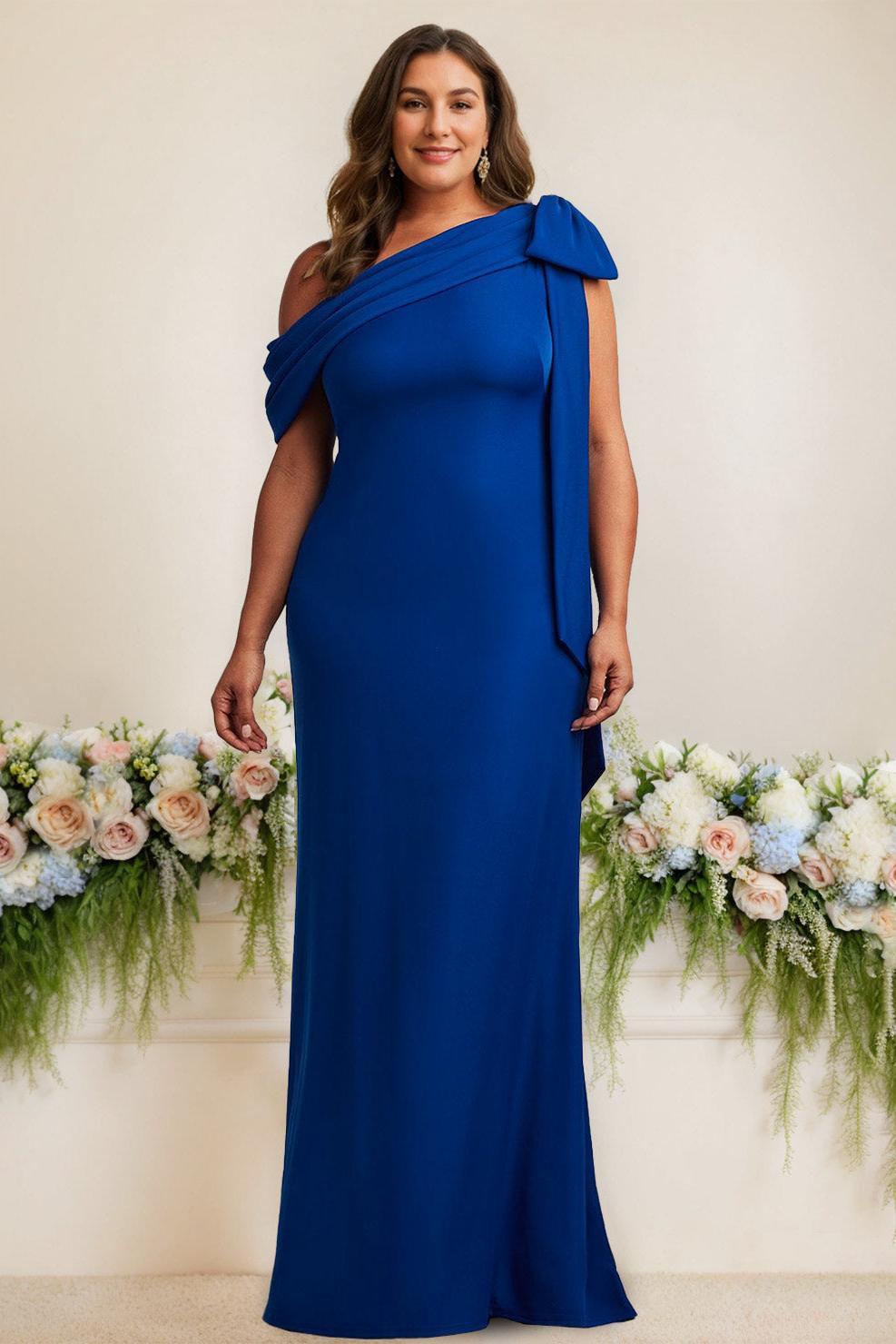 One-Shoulder Satin Floor-Length Plus Size Mother of the Bride Gown with Bow