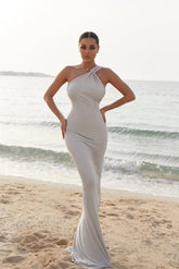 One Shoulder Satin Prom Dress Beaded Mermaid Formal Dress