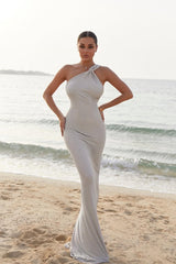 One Shoulder Satin Prom Dress Beaded Mermaid Formal Dress