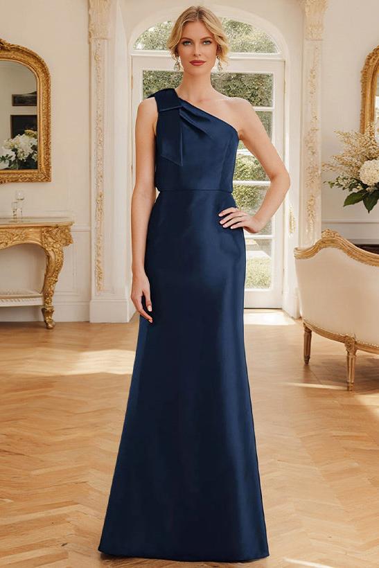 One-Shoulder Sleeveless Satin Mother of the Bride Dress with Bowknot Sheath/Column
