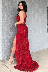 One Shoulder Sparkly Mermaid Sequined Red Prom Dress Long Evening Dress with Slit