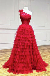 One Shoulder Tulle Lace Burgundy Prom Dress Long Formal Evening Dress