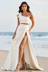 One Shoulder White Satin Long Formal Dress With Slit