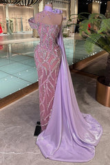 One Shoulder Beaded Prom Dress Purple Column Formal Dress with Train
