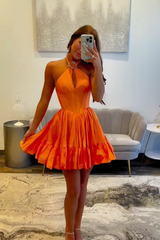 Orange A Line Homecoming Dresses Halter Ruffled Short Corset Cocktail Dresses