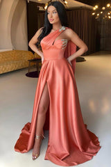Orange A Line Prom Dress Sleeveless One Shoulder Formal Dress With Beadings and Rhinestones
